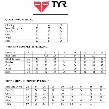 Tyr swimsuit hot sale size chart